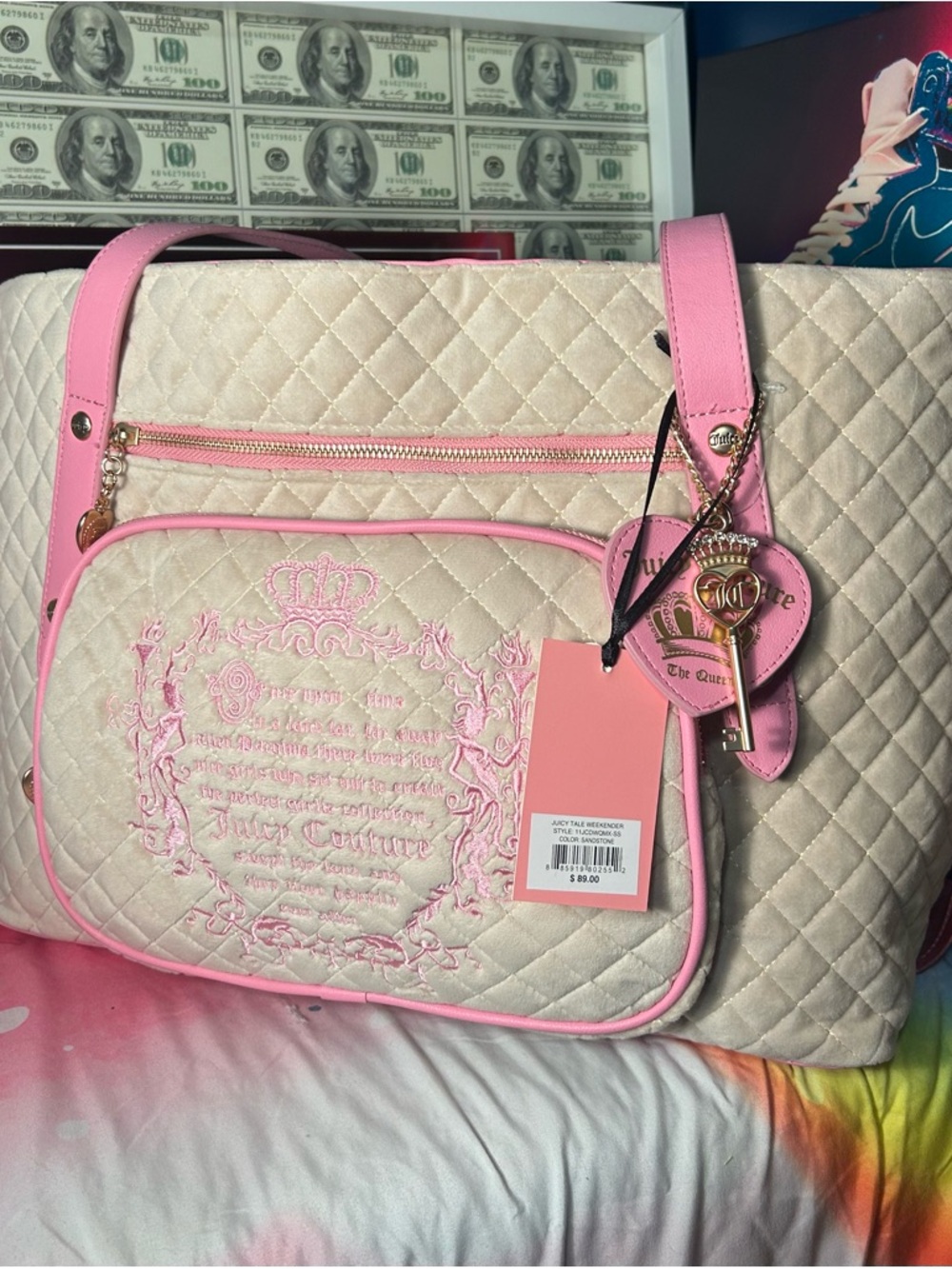 Juicy Couture Cream Quilted Tote with Pink Trim and Charm